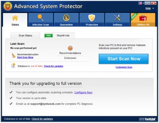 advanced system protector software screenshot start scan now system optimizer 